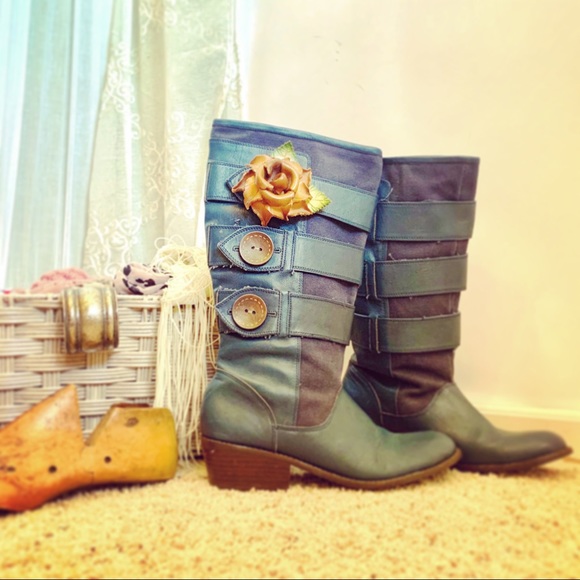 Anthro MATIKO Blue Leather Boots - Picture 2 of 13